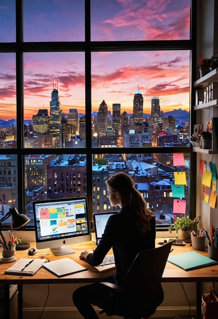 A vibrant workspace with a person at a desk, surrounded by notebooks, colorful sticky notes, and a laptop, depicting the creative process of content creation. The background features a large window showing a bright cityscape, symbolizing the journey from ideas to impact. Incorporate elements like lightbulbs and gears to represent innovation and productivity. super-realistic. vibrant colors. modern style.