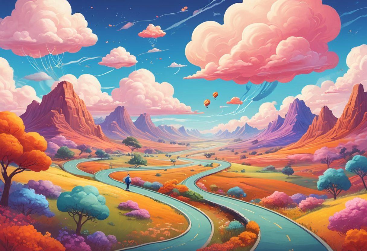 A vibrant, whimsical landscape depicting a journey through a colorful blogosphere filled with speech bubbles representing diverse blog topics. Include a winding road leading to a digital notebook, surrounded by animated characters brainstorming and creating content. Soft, dreamy clouds hover above, symbolizing creativity and inspiration. The scene should be lively and inviting, encouraging engagement and exploration. bright colors. cartoon style.