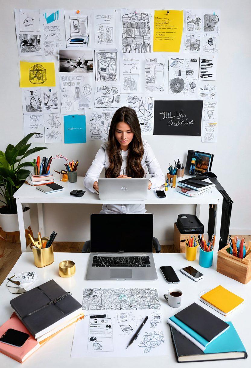 A dynamic scene featuring a creative workspace with a sleek Ricoh printer and innovative tech gadgets scattered around. Visualize a blogger in deep thought, surrounded by colorful sketches and digital tools, showcasing the fusion of technology and creativity. Include elements like a glowing laptop, vibrant screens displaying designs, and picturesque brainstorming notes. The atmosphere should be lively and inspiring, highlighting the essence of modern blogging. super-realistic. vibrant colors. white background.